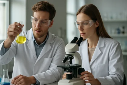 Két kémikus laboratóriumban, sárga folyadékkal végzett kísérlet közben.