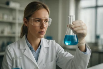 Laboratóriumi dolgozó szelenit kísérlet közben