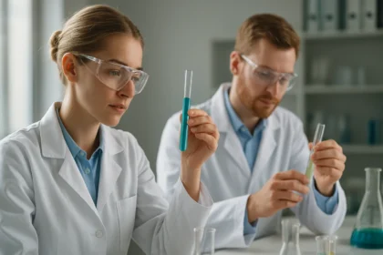 Két kutató laboratóriumban hidrogén kísérletekhez szükséges anyagokat vizsgál.