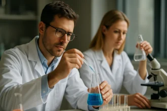 Két tudós szélvédőmosó összetevőit kutatja laboratóriumban.