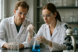 Két kutató kémiai kísérletet végez laboratóriumban.