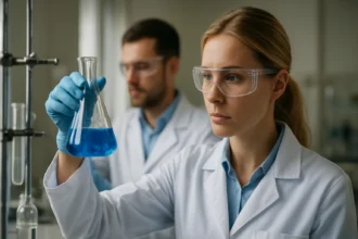 Kémiai kísérlet során laboratóriumban vizsgáló nő és férfi kutatók.