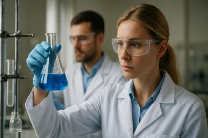 Kémiai kísérlet során laboratóriumban vizsgáló nő és férfi kutatók.