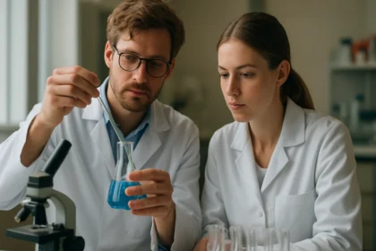 Két kémikus laboratóriumban a szénatomok rendűségét kutatják.