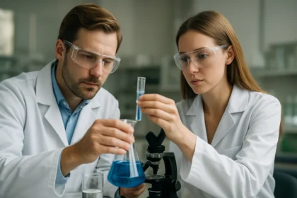 Két tudós kémiai kísérletet végez laboratóriumban