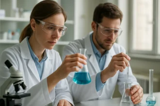 Két tudós laboratóriumi vizsgálatot végez különböző kémiai anyagokkal.