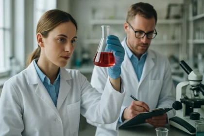 Laboratóriumi munka szén-diszulfiddal, kémiai kísérlet folyamatban.