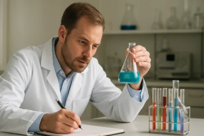 Kémikus szén-oxidokat és szulfidokat vizsgál egy laboratóriumban.