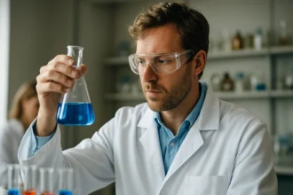 Egy tudós laboratóriumban kék oldatot vizsgál