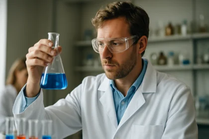 Egy tudós laboratóriumban kék oldatot vizsgál