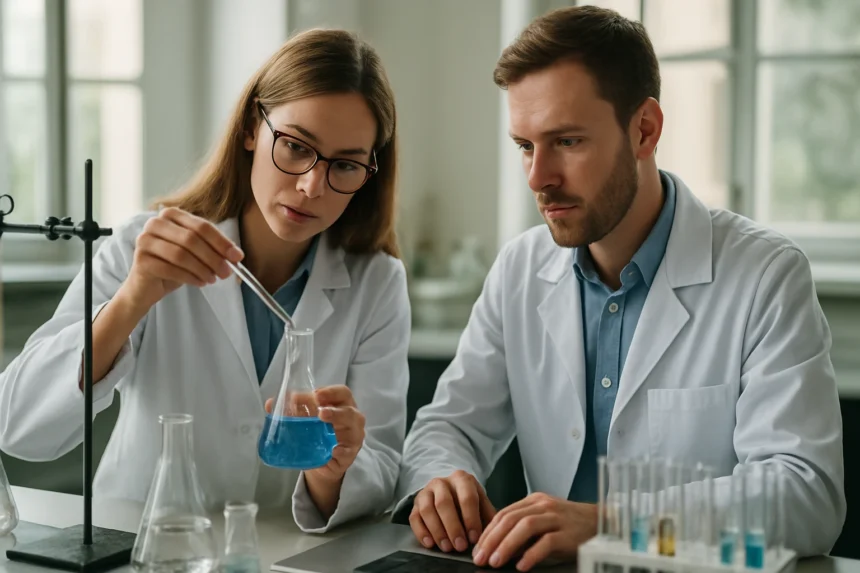 Két tudós laboratóriumi kísérletet végez szénsavszármazékokkal