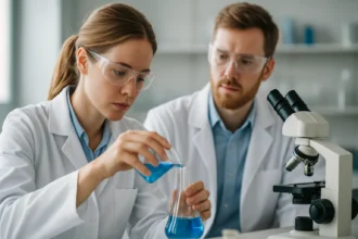 Két tudós laboratóriumban, szénszál kutatás közben, kémiai reakciók