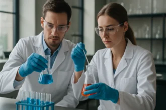 Két vegyész kísérletezik, szén-tetrabromid és más vegyi anyagok használatával.