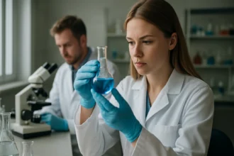 Laboratóriumi vizsgálat szén-tetrakloriddal és vegyi anyagokkal.