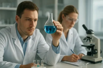 Kémikusok laboratóriumban, szerkezeti izomériát vizsgálva