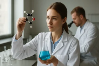 Női kutató szerves bázisokat elemző laboratóriumban.