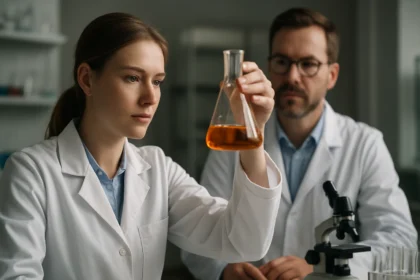 Két kutató szerves kémiai kísérletet végez a laborban