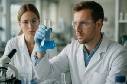 Két tudós szervetlen kémiai kísérletet végez laboratóriumban.