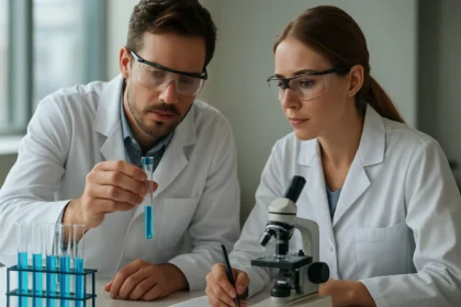 Két kutató laborban, műanyag vizsgálat során kémcsövekkel és mikroszkóppal.
