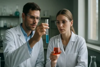 Két tudós alkoholtartalmat mér a laborban, különböző folyadékokkal.