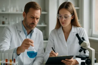 Két kémikus laboratóriumban dolgozik a szeszkviterpének kutatásán.