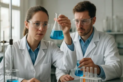 Két kutató szterpenoidokkal kapcsolatos kísérletezést végez laboratóriumban.