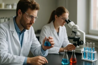 Két tudós laboratóriumi környezetben lítium akkumulátorokkal kapcsolatos kutatást végez.