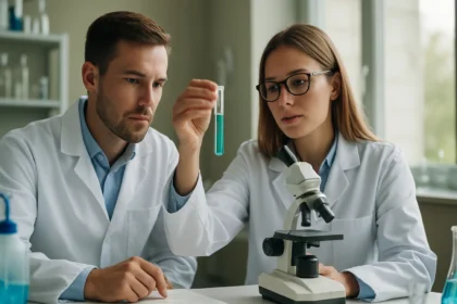 Két kutató laboratóriumban kémiai kísérletet végez, és vizsgálják a mésznitrogént.