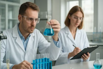 Két tudós laborban szilicidek kémiai elemzésével foglalkozik.