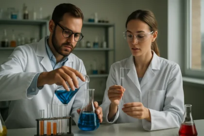 Két tudós laboratóriumban kémiai kísérletet végez.