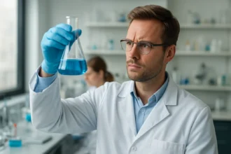 Laboratóriumi kémikus kék oldatot vizsgál egy flaskában