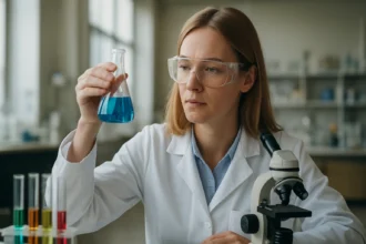 Laboratóriumi kémikus kék folyadékkal teli kémcsövet vizsgál.