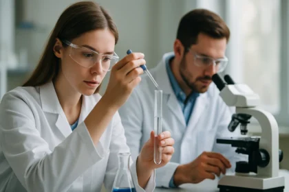 Két kutató laboratóriumban, szilikonokkal és kémiai anyagokkal dolgozva.