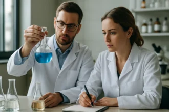 Két kutató szilikonolajat vizsgál egy laboratóriumban.