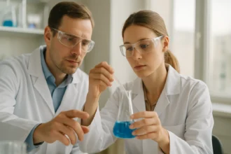 Két kutató a szimmetrikus trimetil-benzol kémiai elemzésén dolgozik.