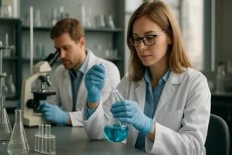 Kutatók laboratóriumi kísérletet végeznek szindiótaktikus polimereken.