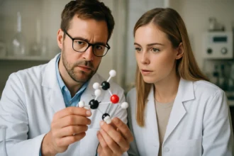 Két kutató a szindiotaktikus polipropilén molekuláris szerkezetét elemzi.