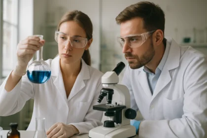 Két tudós laboratóriumban kék folyadékot vizsgál a kémcsőben.