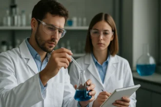 Két kutató kémiai laboratóriumban, kék folyadékot vizsgálnak.