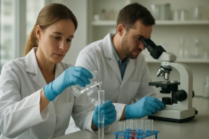 Kémiai laboratóriumban dolgozó tudósok színezőanyagokkal