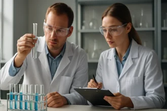Két tudós laborban, kémcsöveket vizsgálva