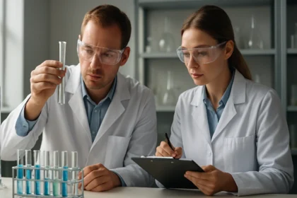 Két tudós laborban, kémcsöveket vizsgálva