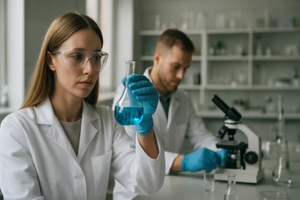 Laboratóriumi kísérlet színtelen foszforral és vegyi anyagokkal