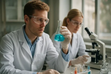 Két laboratóriumi kutató szintetikus földgáz kísérletet végez, kémiai anyagokkal.