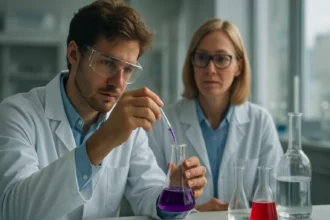 Két tudós laboratóriumban, szintetikus gumi vizsgálata