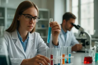 Kémikusok szintetikus szálakkal foglalkoznak laboratóriumi környezetben.