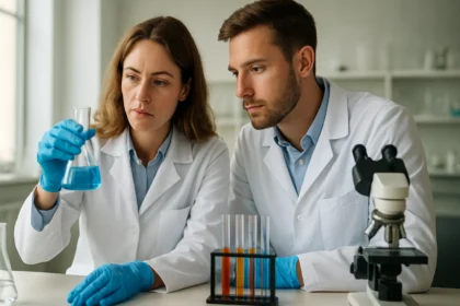 Két vegyész laboratóriumban szintézis folyamatot figyelnek meg.