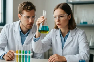 Két tudós laboratóriumi környezetben szerves kémiai kísérletet végez.