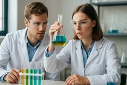 Két tudós laboratóriumi környezetben szerves kémiai kísérletet végez.