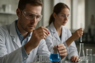 Kémiai kísérlet laboratóriumban szkandium fémekhez kapcsolódóan.